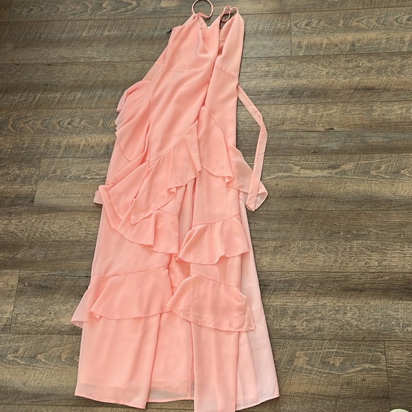 LPA Maxi Gown 253 Blush Coral Ruffle Wrap V Neck Chiffon Flowy Waist Tie XS - Picture 5 of 6